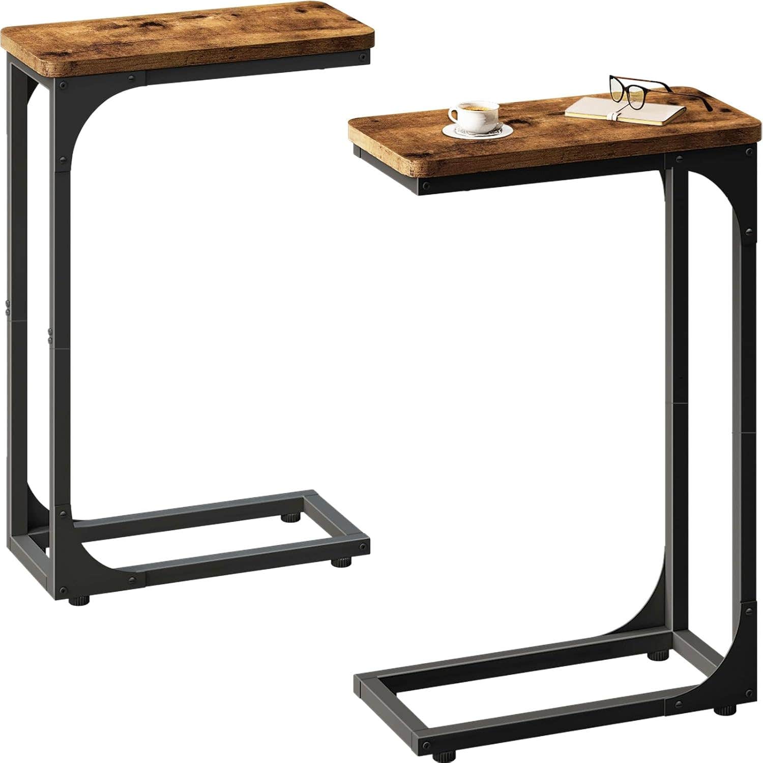 QEEIG Set of 2 Slim C-Shaped Brown End Tables - Farmhouse Style