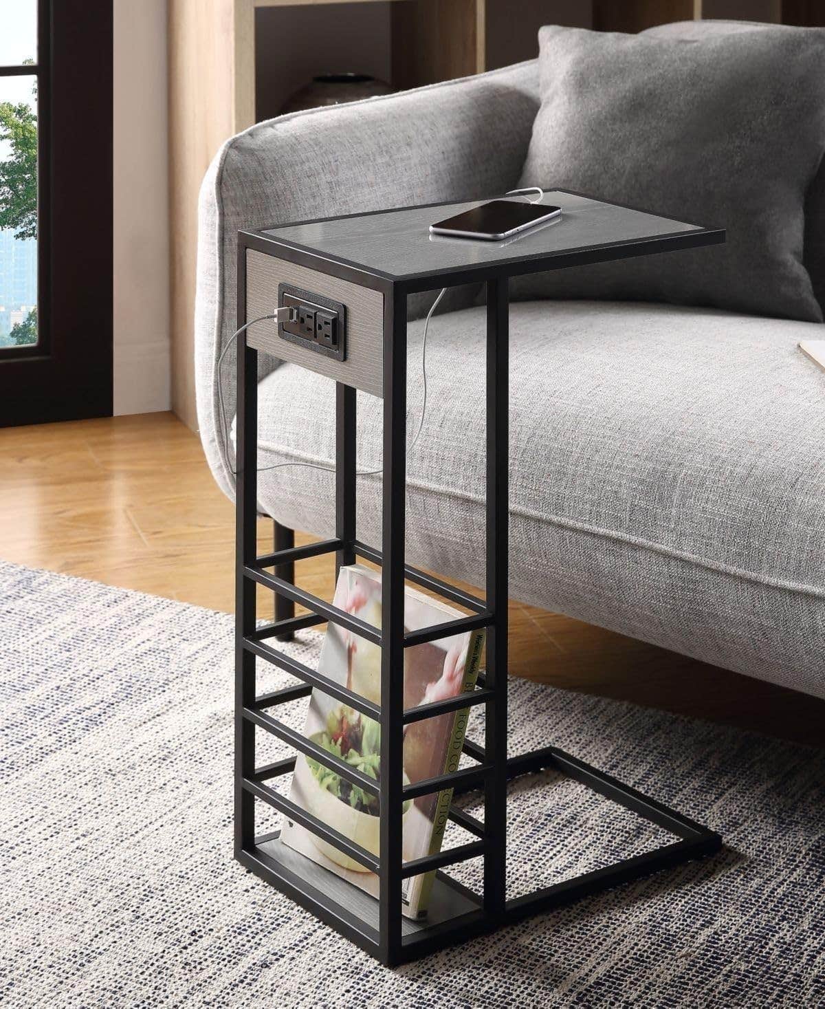 Modern C-Shaped Side Table with USB Ports and Power Outlets, Black Metal Frame - Storage Shelves - Gray Quatrefoil - Generic
