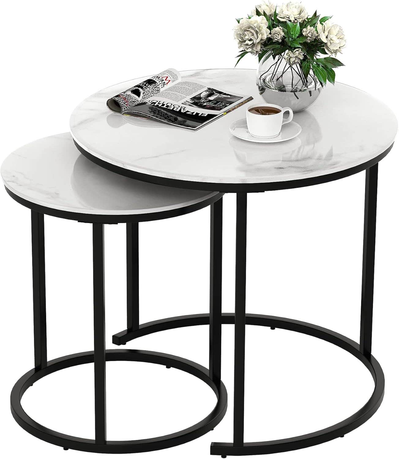 IDEALHOUSE Modern Marble Texture Coffee Tables Set, Nesting Round Tables for Living Room - Black & White