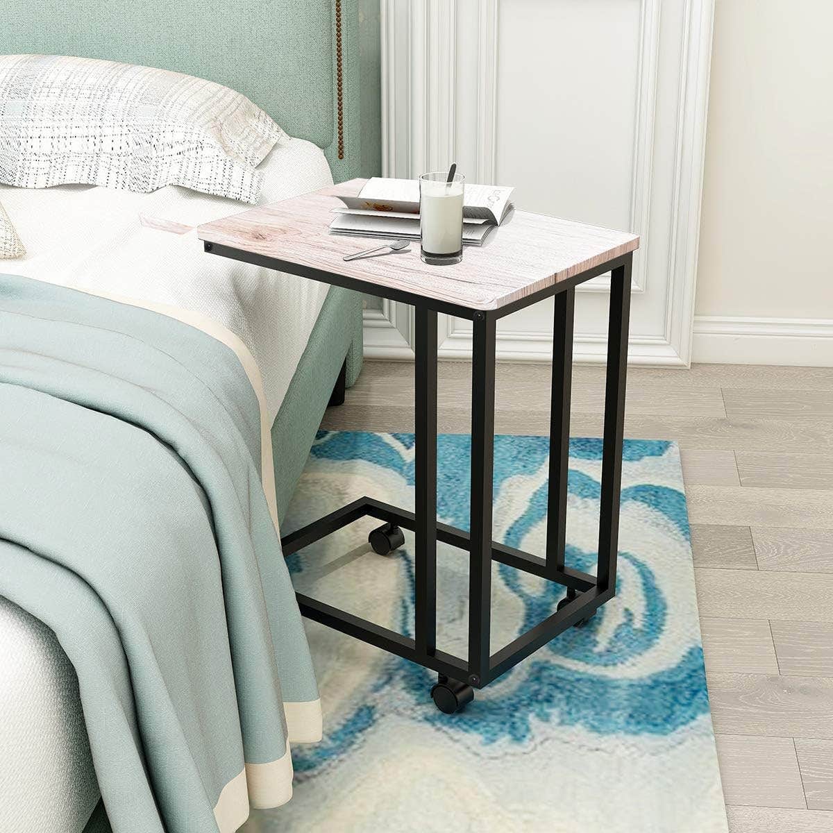 HOMERECOMMEND Oak Sofa Side Table with Wheels - C Style End Table - Metal Frame Furniture