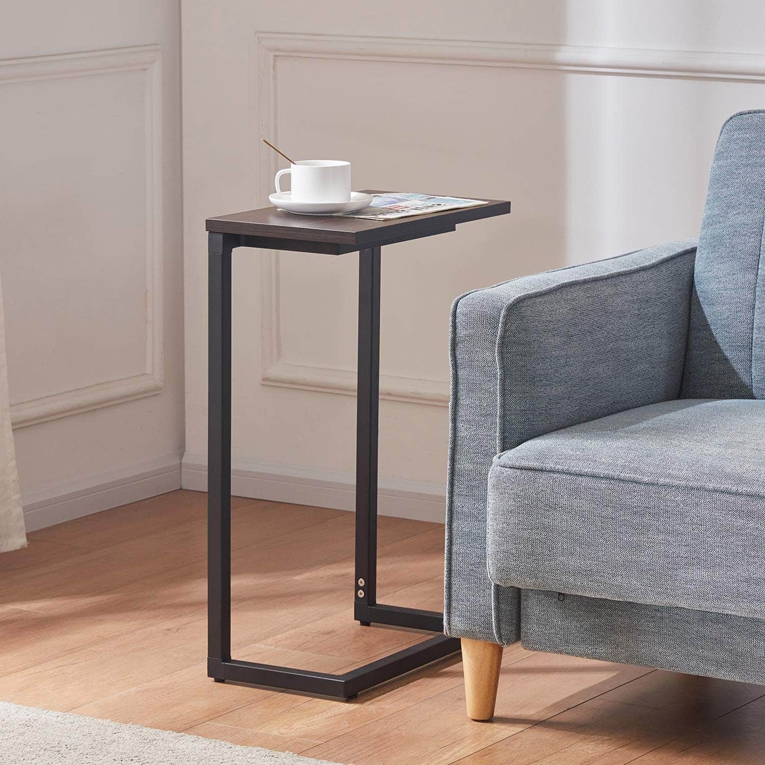 Sunon C-Shaped End Table, Walnut Wood Top, Sturdy Metal Frame - 9.8 x 17.3 x 26.5 cm