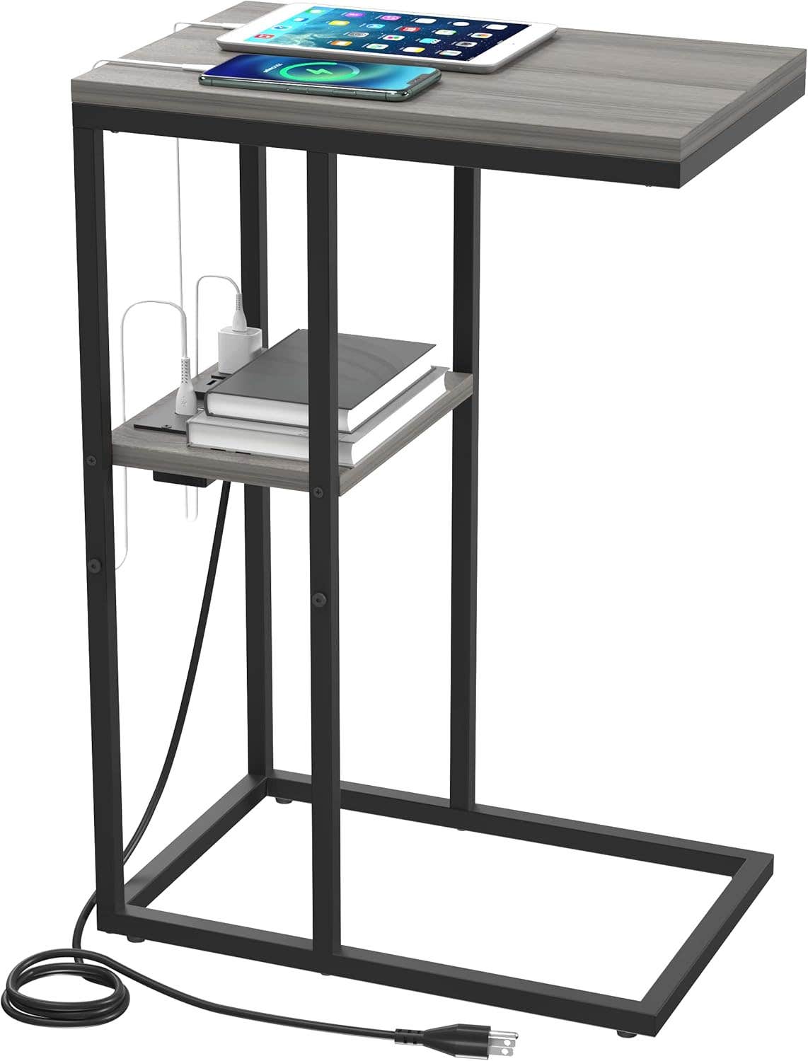 Yoobure C Shaped End Table with Charging Station - Grey - USB Ports - Small Spaces