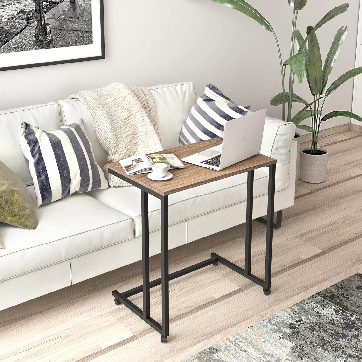 Season STORY Venice C Shaped Side Table with Wheels, End Table for Sofa - 23.6 X 15.7 X 25.5 Inch, Couch Tray Tables That Slide Under, Sofa Table Living Room Furniture, Rolling Desk Snack Table