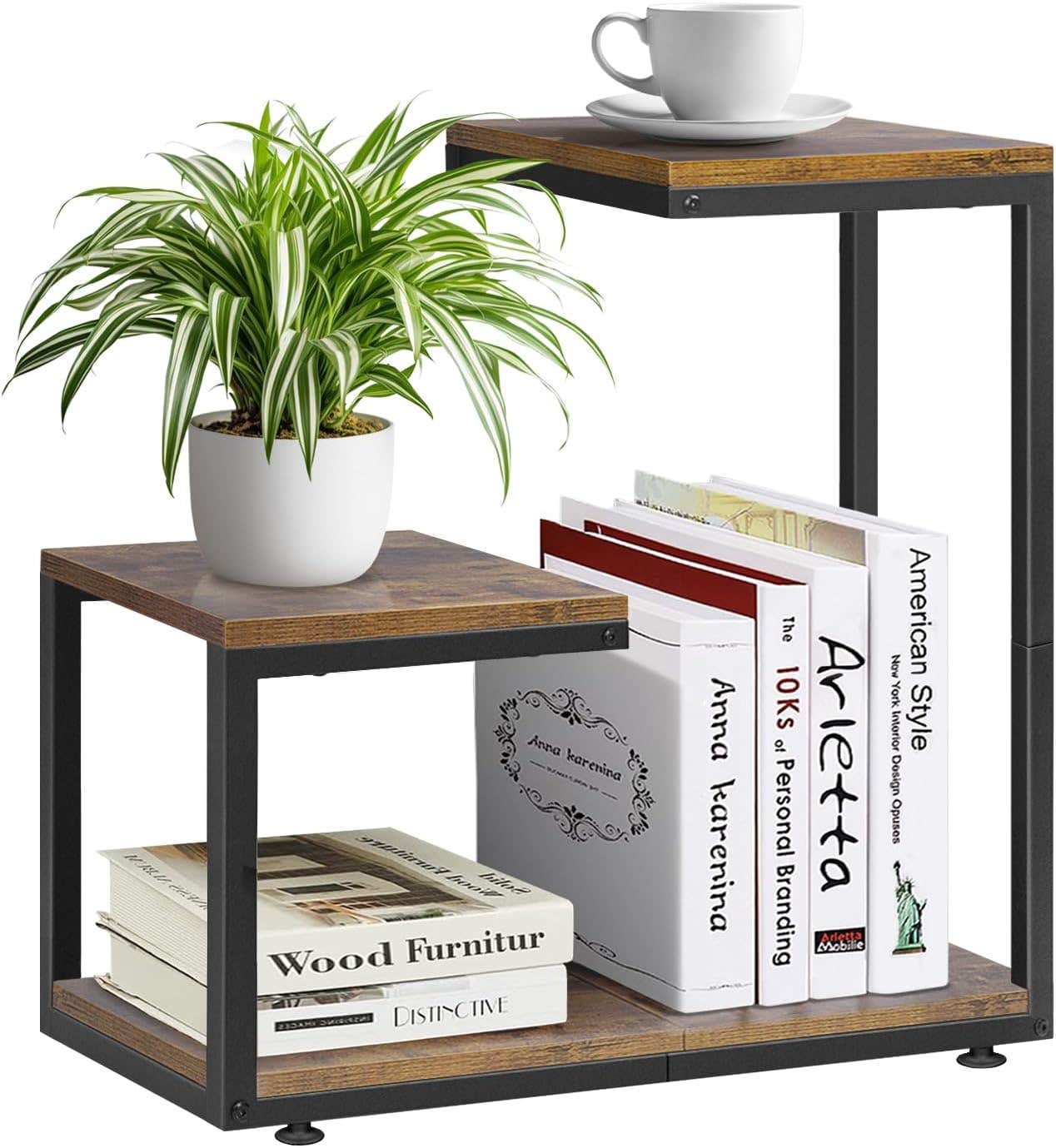 ZOXILEN G Shape 3 Tier End Table for Living Room - Black/Brown Metal Frame