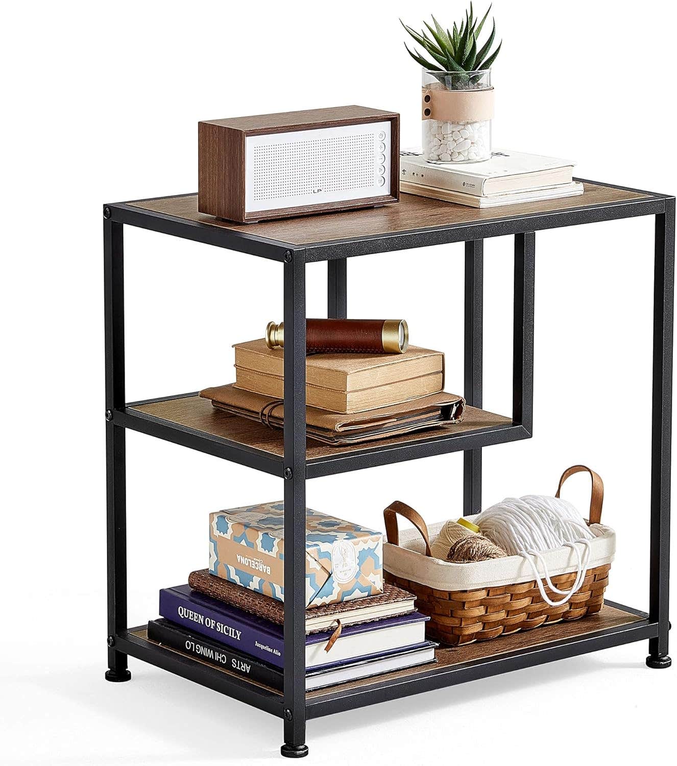 LINSY HOME 3-Tier Narrow End Table with Storage Shelves, Industrial Nightstand