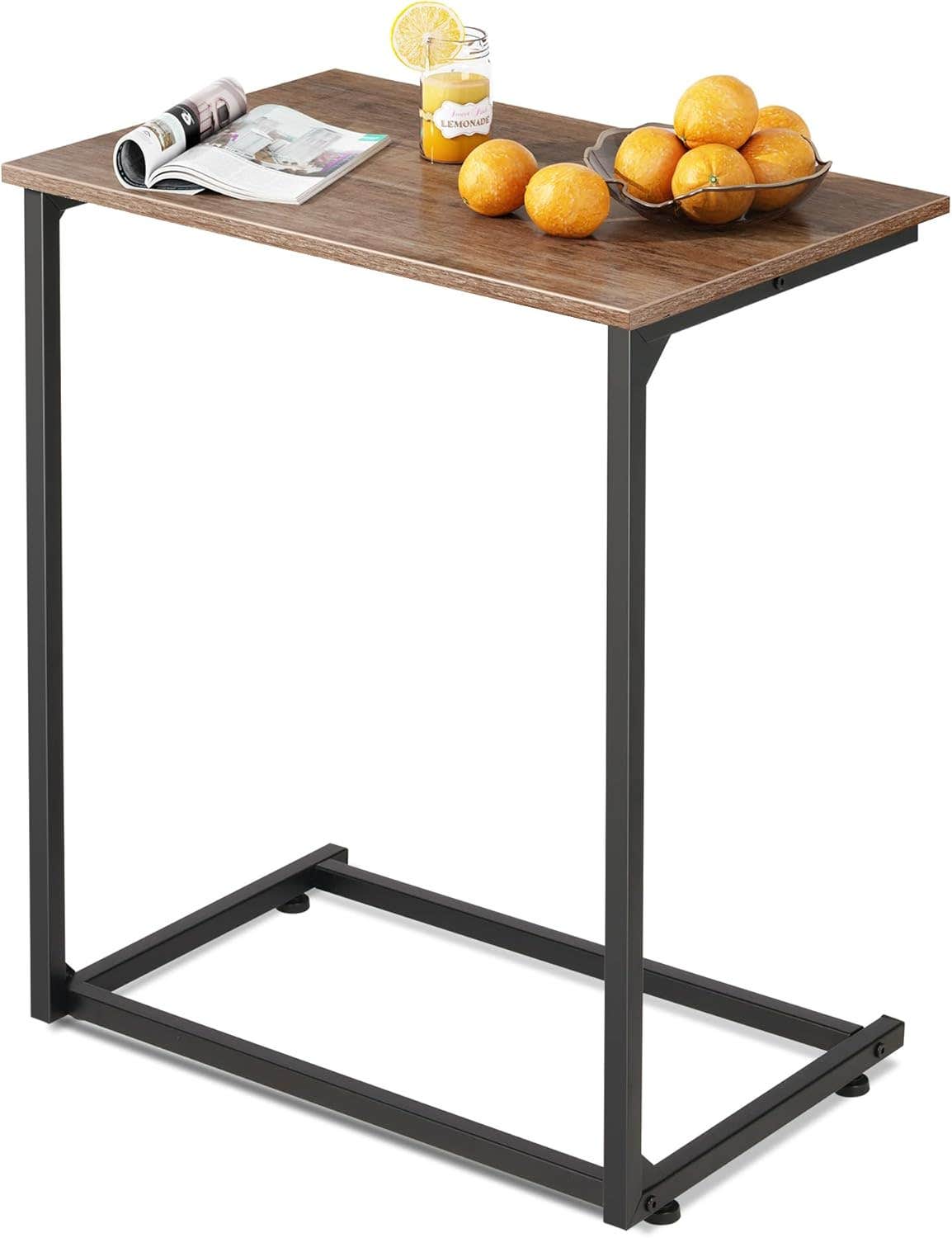 WLIVE C Shaped End Table for Sofa & Bed, 26" Tall, Brown Wood Top