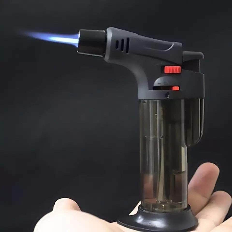 Refillable Butane Gas Torch Lighter with Stand - Adjustable Single Jet Flame - Black