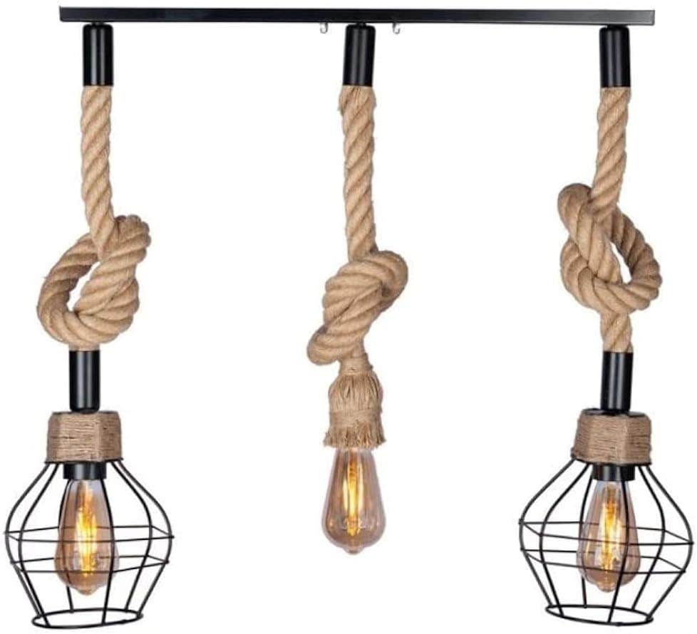 Handmade Triple Modern Lighting Unit From Metal And Ropes