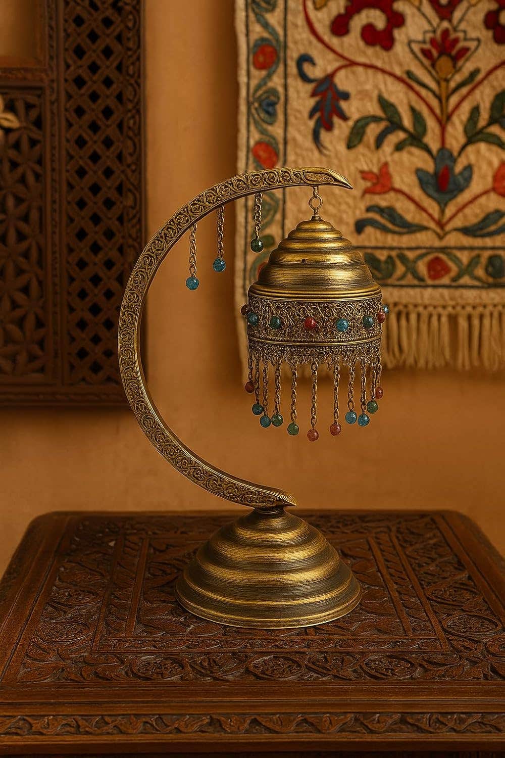 Mushkah Lighting Oriental Decor Metal Lamp Hanging on Crescent Stand__