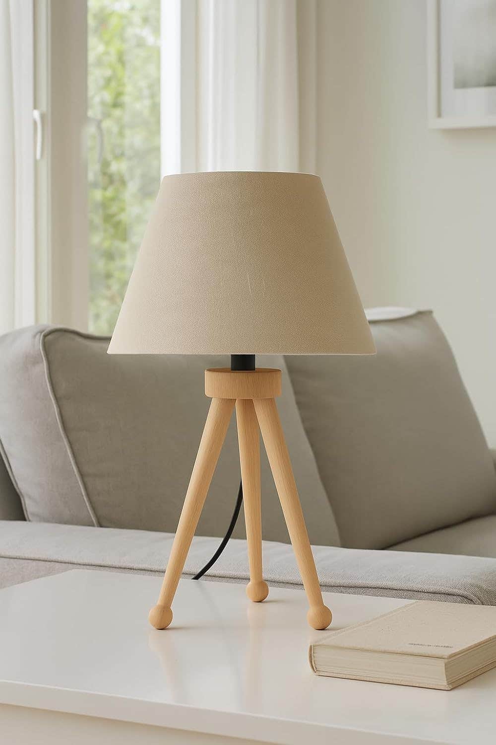 Mushkah Lighting Natural Wood Tripod Table Lamp Beige Fabric Cover__