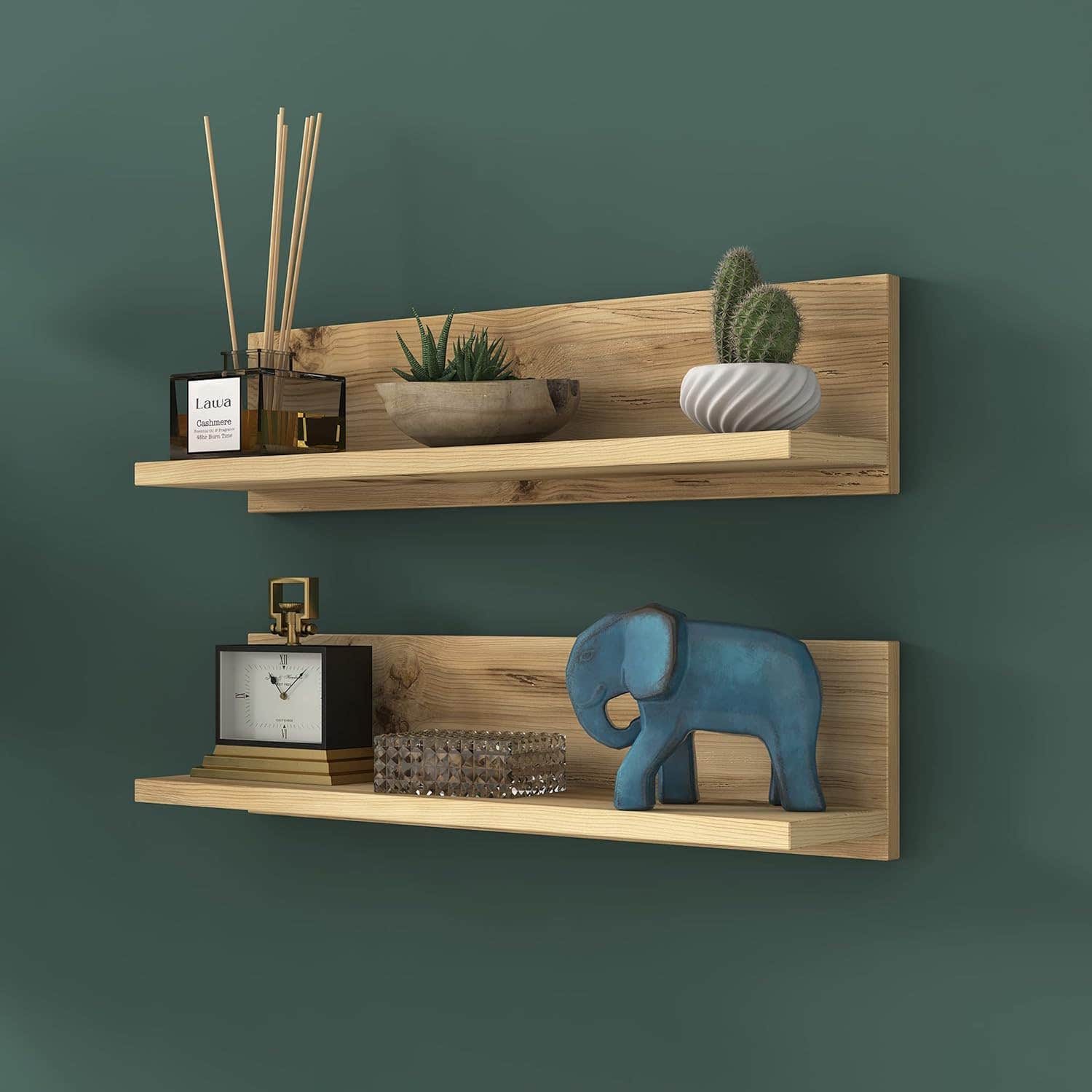 LAWA FURNITURE Floating Wall Shelves Set of 2 Modern Design Light Walnut