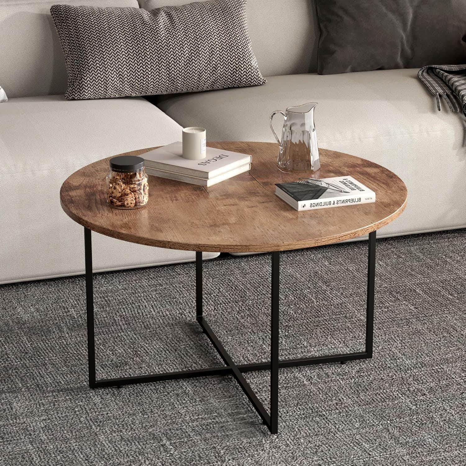 27.6'' Wood Coffee Table,Modern Round Coffee Table with Black Metal Legs, Industrial Style Center Table for Living Room Home Furniture, Rustic Brown