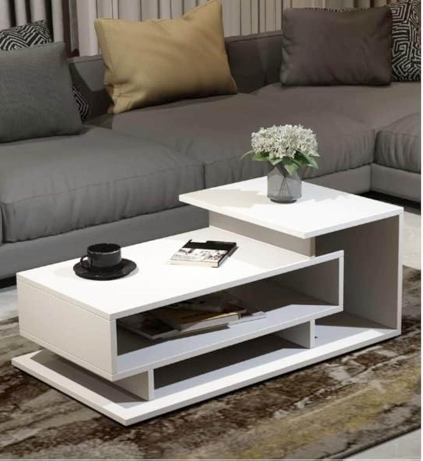 BURLYWORTH Fabelio Engineered Wood Coffee Table for Living Room, Centre Table With Storage, Modern Designer Tea Table, Sofa Set (White)