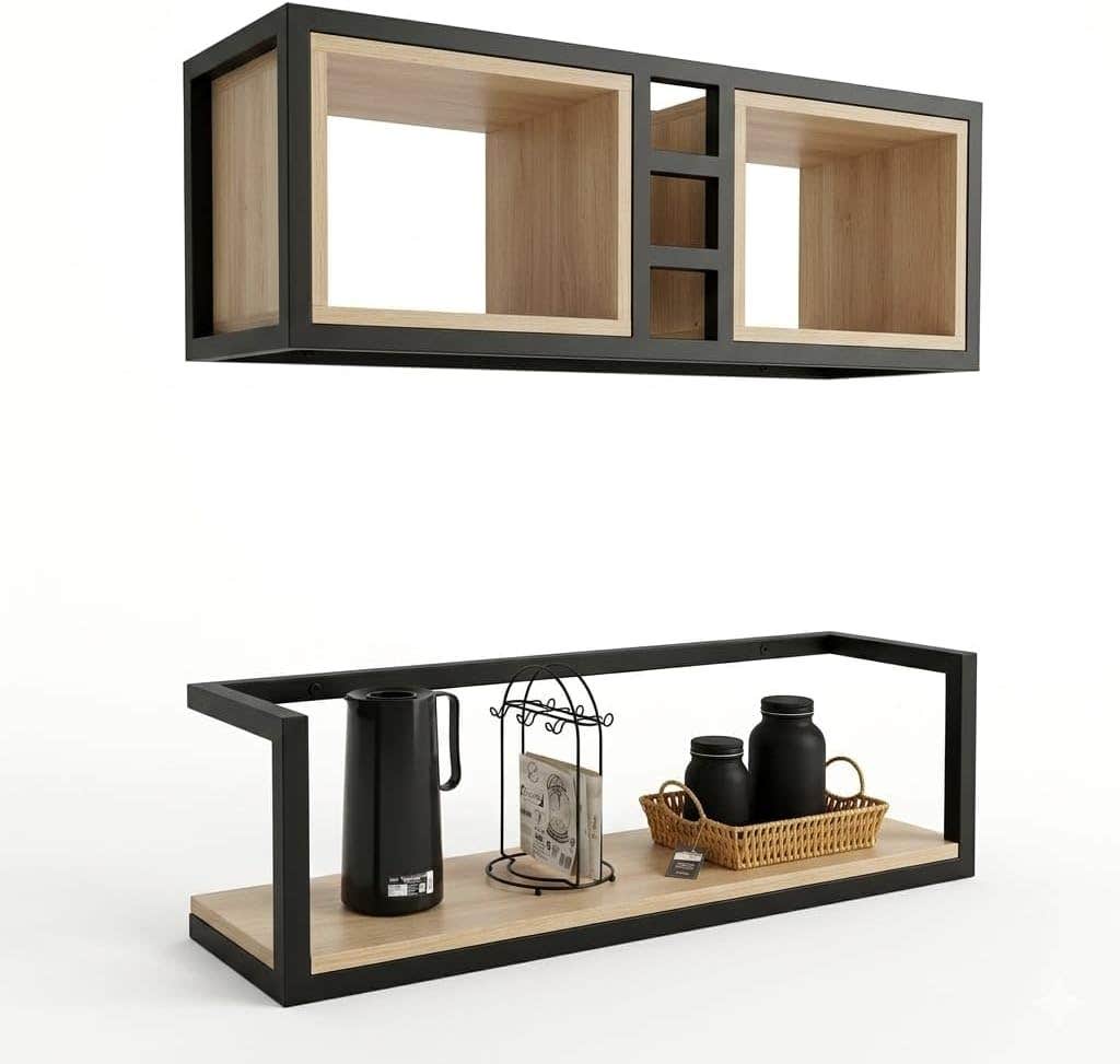 Modern Wall Shelf with Black Metal Frame, Multi-Section Design - Kitchen and Home Organizing
