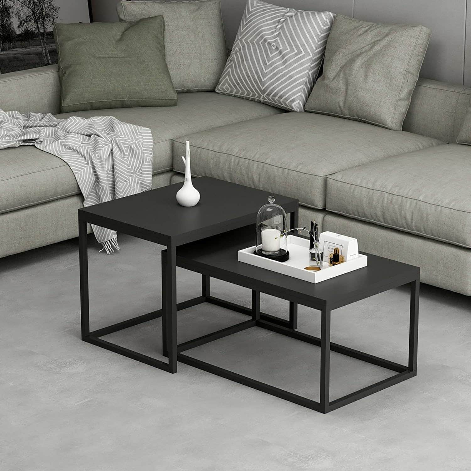 [en.casa] Aabenraa Set of 2 Coffee Tables Side Tables Made of Chipboard and Metal Black Matt
