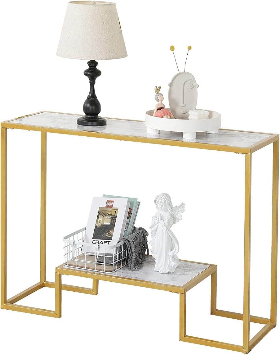 EROMMY Console Table, 2-Tier Golden Metal Frame Sofa Entry Table with Faux Marble Tabletop for Hallway Entryway Living Room