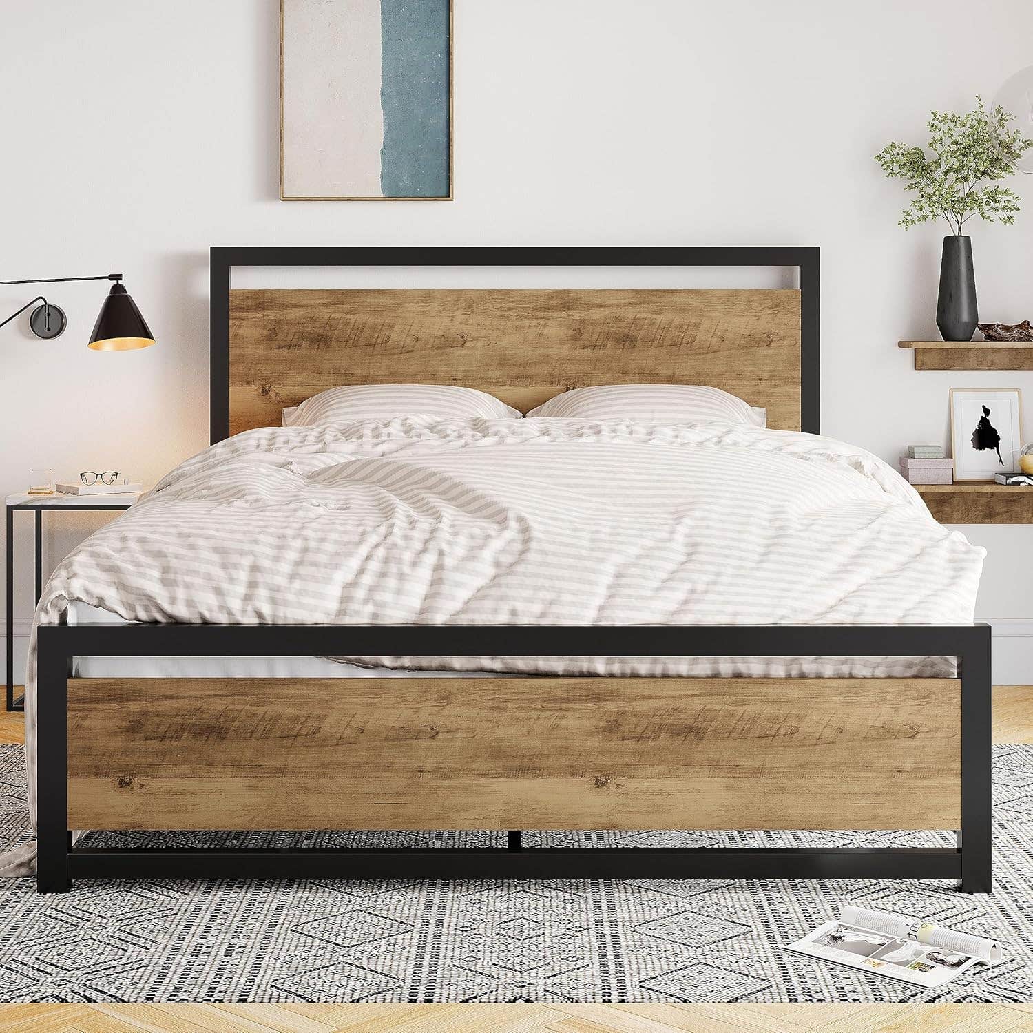Allewie Queen Metal Platform Bed Frame with Storage, Brown - No Box Spring Needed