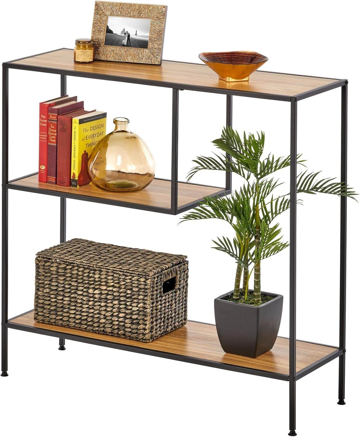 mDesign Modern Wood Console Table with Shelf - Sturdy Metal Frame - Furniture Unit for Living Room, Bedroom, Hallway, Entryway - Adjustable Feet, Water-Resistant, Wood Top - Black/Nordic Walnut