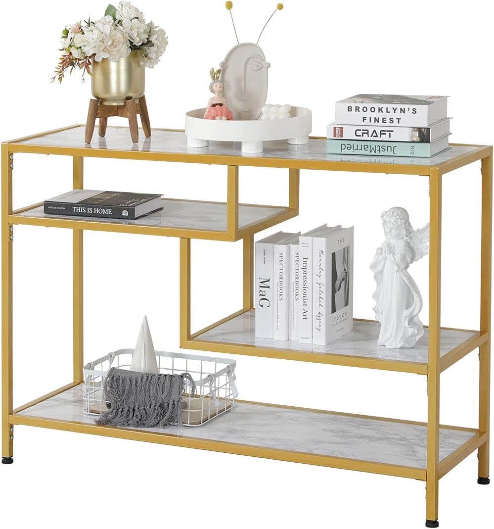 EROMMY Console Table Golden Metal Frame Sofa Entry Table for Hallway Entryway Living Room (3-Tier Marble)