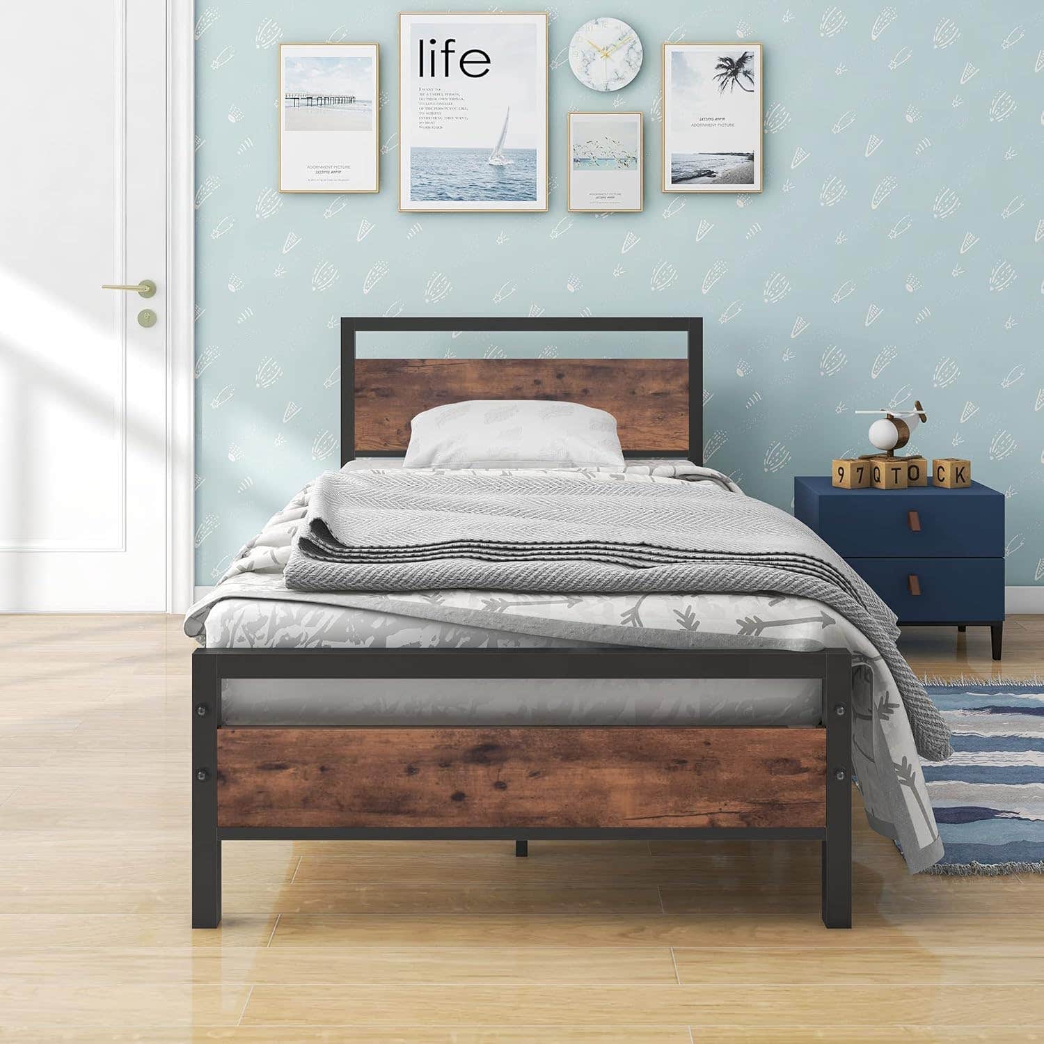 BOFENG Rustic Brown Single Bed Frame with Wood Headboard