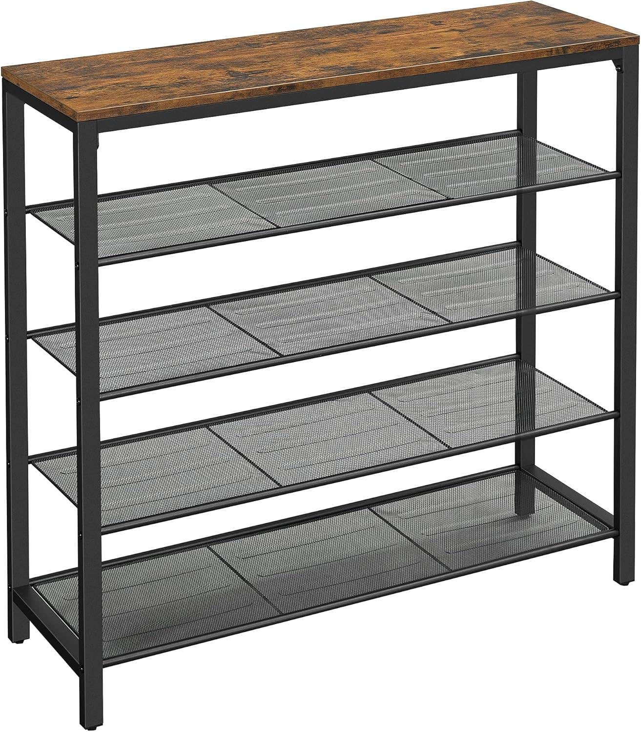 VASAGLE Industrial Shoe Rack with 4 Mesh Shelves, Rustic Brown & Black, Entryway Storage