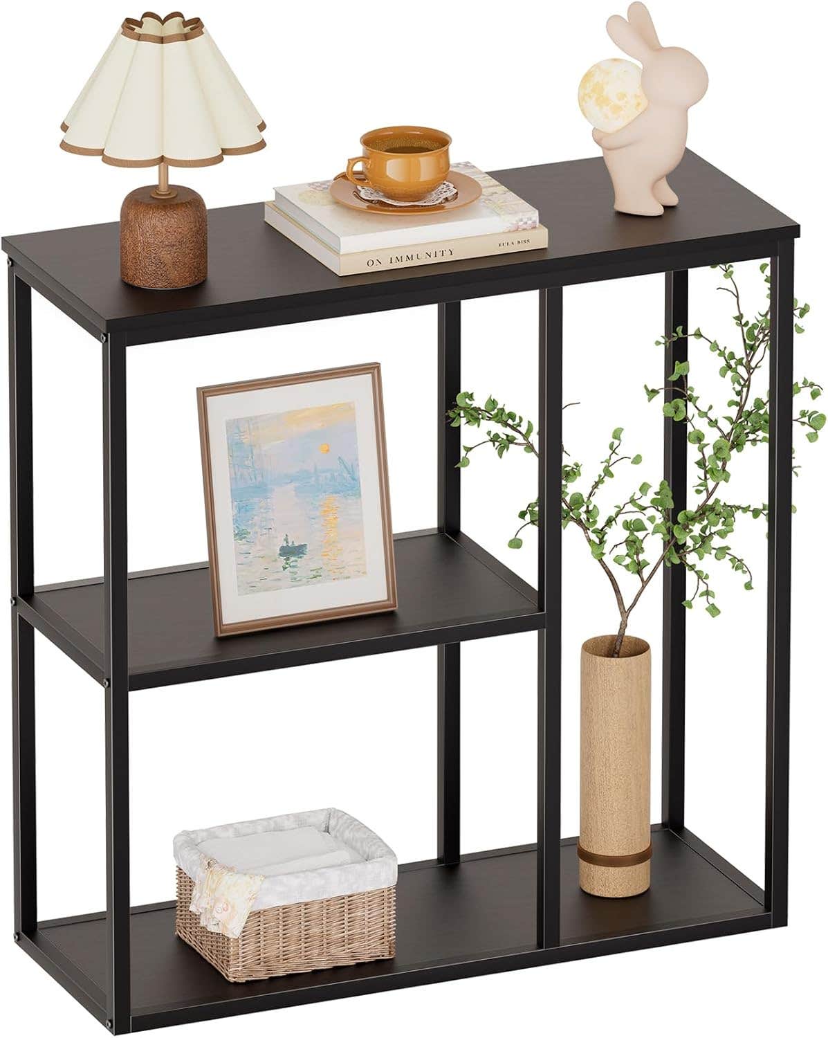 WOHOMO Console Table, 12'' Narrow Entryway Table for Living Room, 31.5'' x 31.5'' Black Industrial Sofa Table with 3-Tier Storage Shelves for Corridor, Hallway, Black