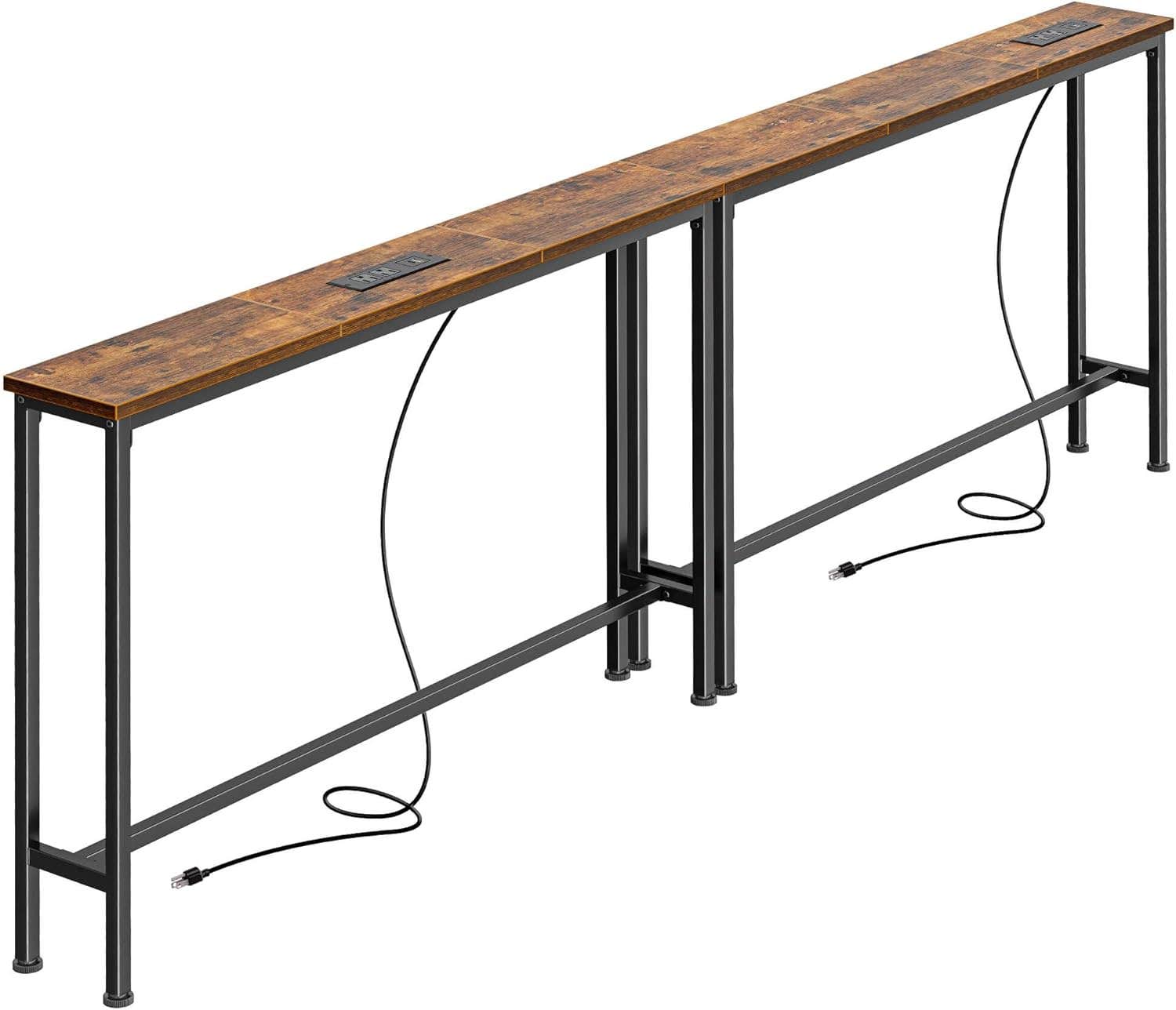 SUPERJARE 5.9 Inch Narrow Console Table with Outlet, Sofa Table Set of 2, Total Length 78.8'', Behind Couch Table, Long Entryway Tables with Charging Station, for Living Room, Rusitc Brown