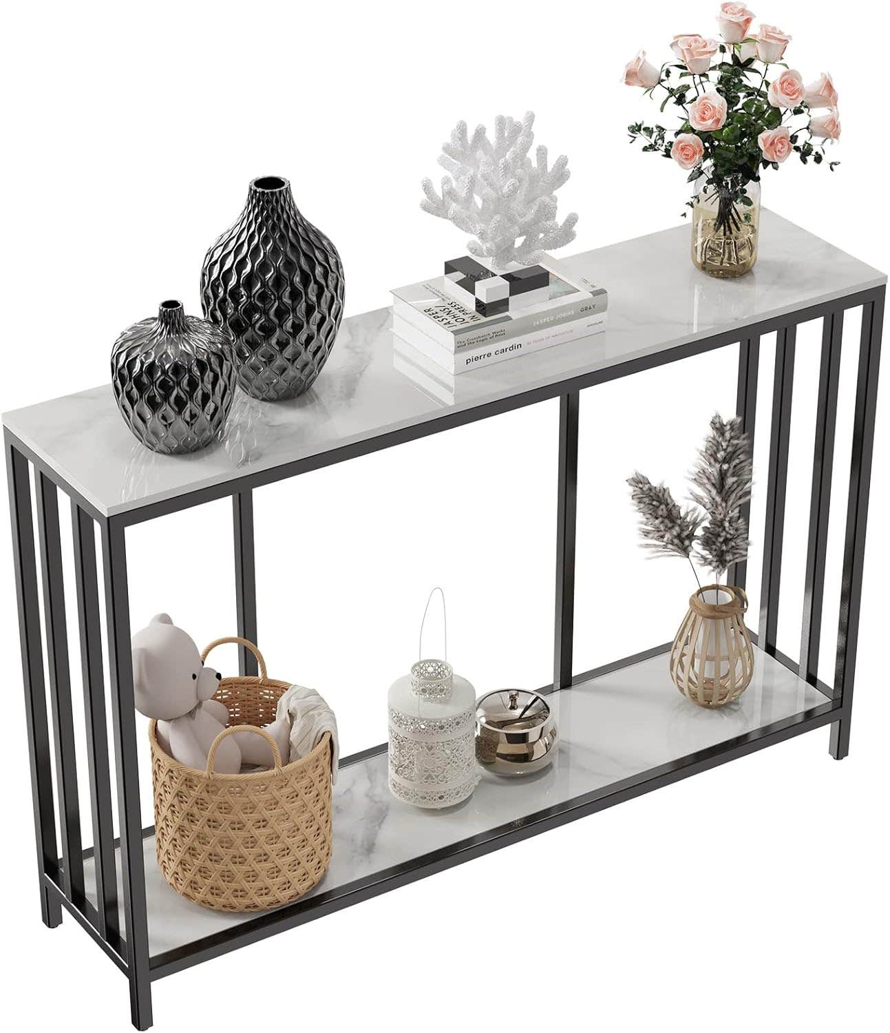 Wisfor White Console Table for Entryway: Sintered Stone Hallway Desk Narrow High Gloss Marble Table Top with Bottom Shelf Modern Accent Sofa Side Foyer Living Room Table, 120x30x78CM