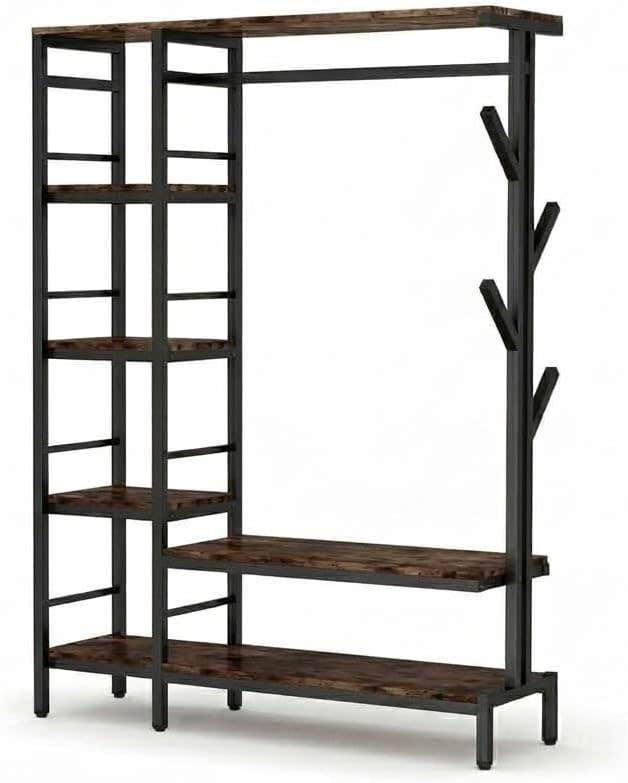Industrial Open Garment Rack with Hanging Rod and Storage Shelves, Dark Brown Wood and Black Metal Frame