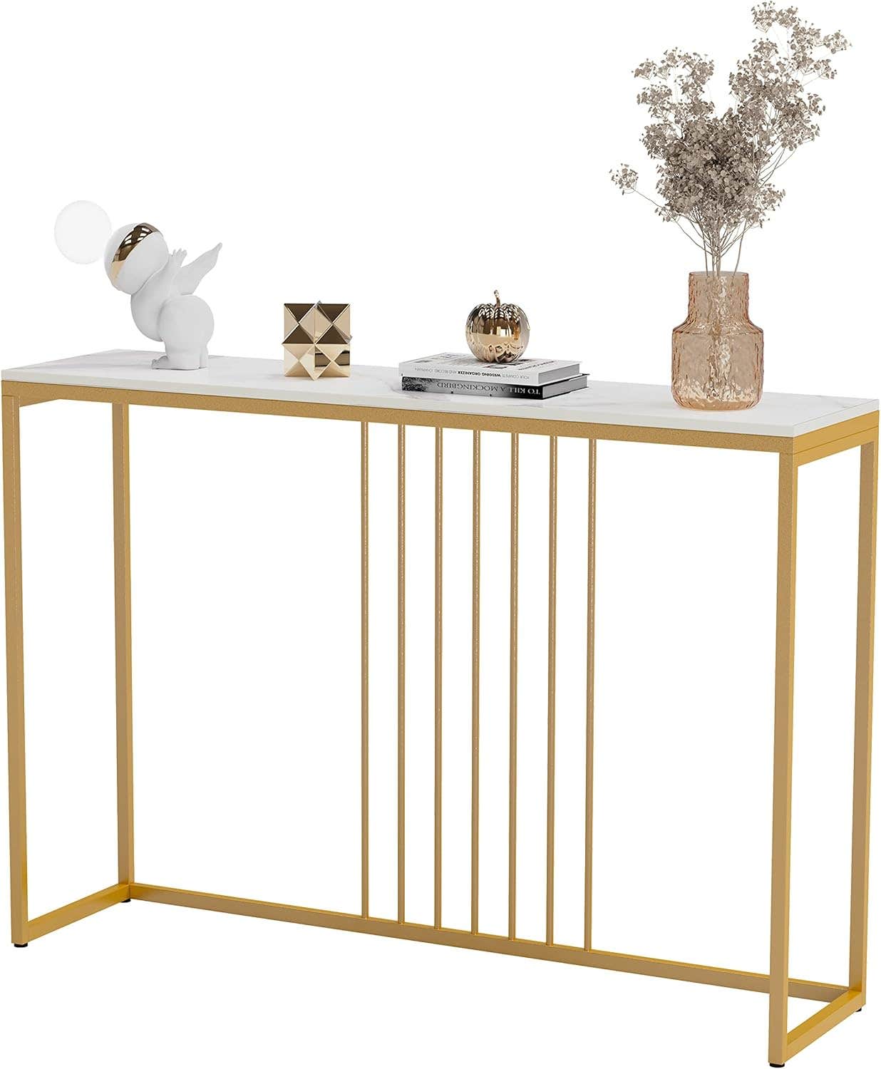 Wisfor Sintered Stone Console Table: White Entryway Table with Golden Frame - Modern Narrow Table Behind Sofa - Long Table for Hallway Foyer, 39.4x11.8x30.9 inch