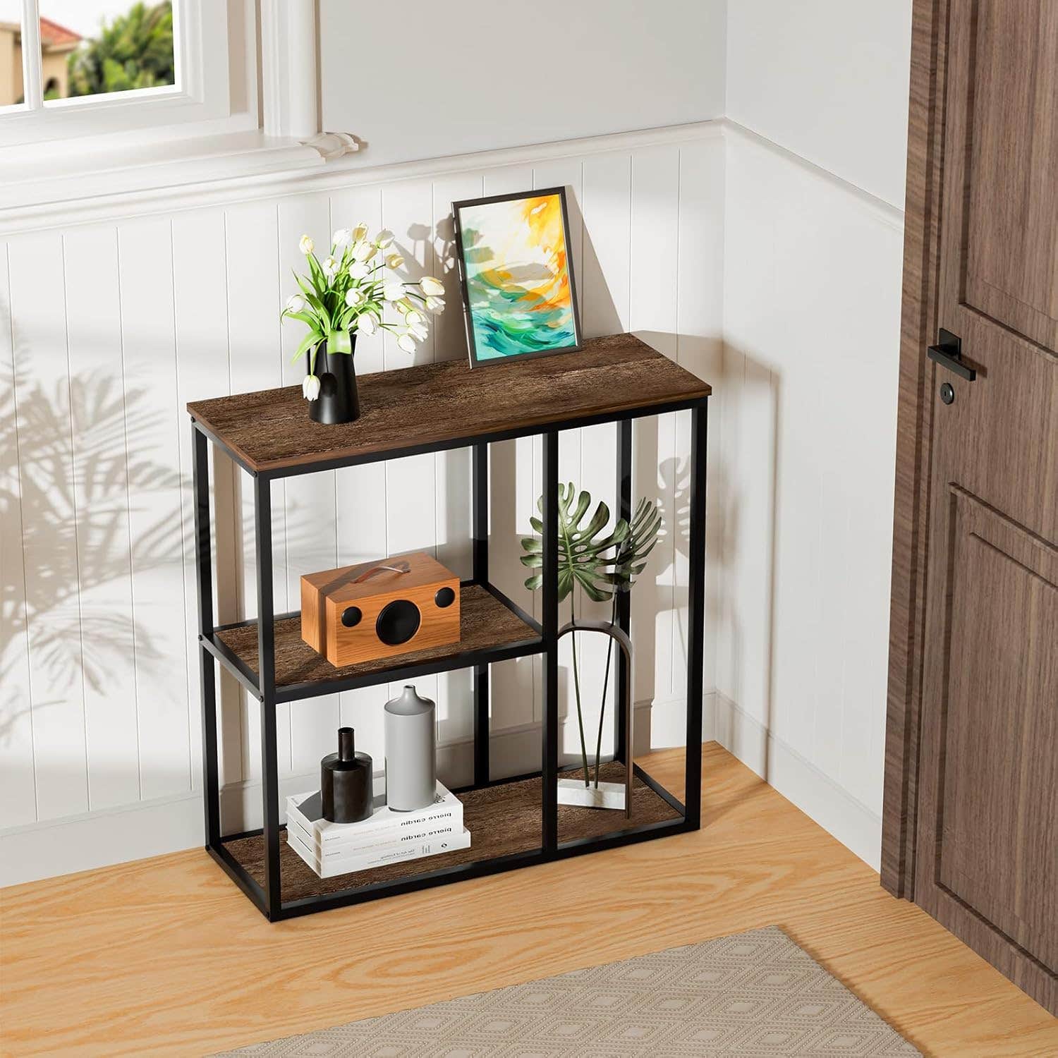 WOHOMO Console Table Small Entryway Table with Storage Shelves 30cm Narrow Sofa Table Modern Hallway