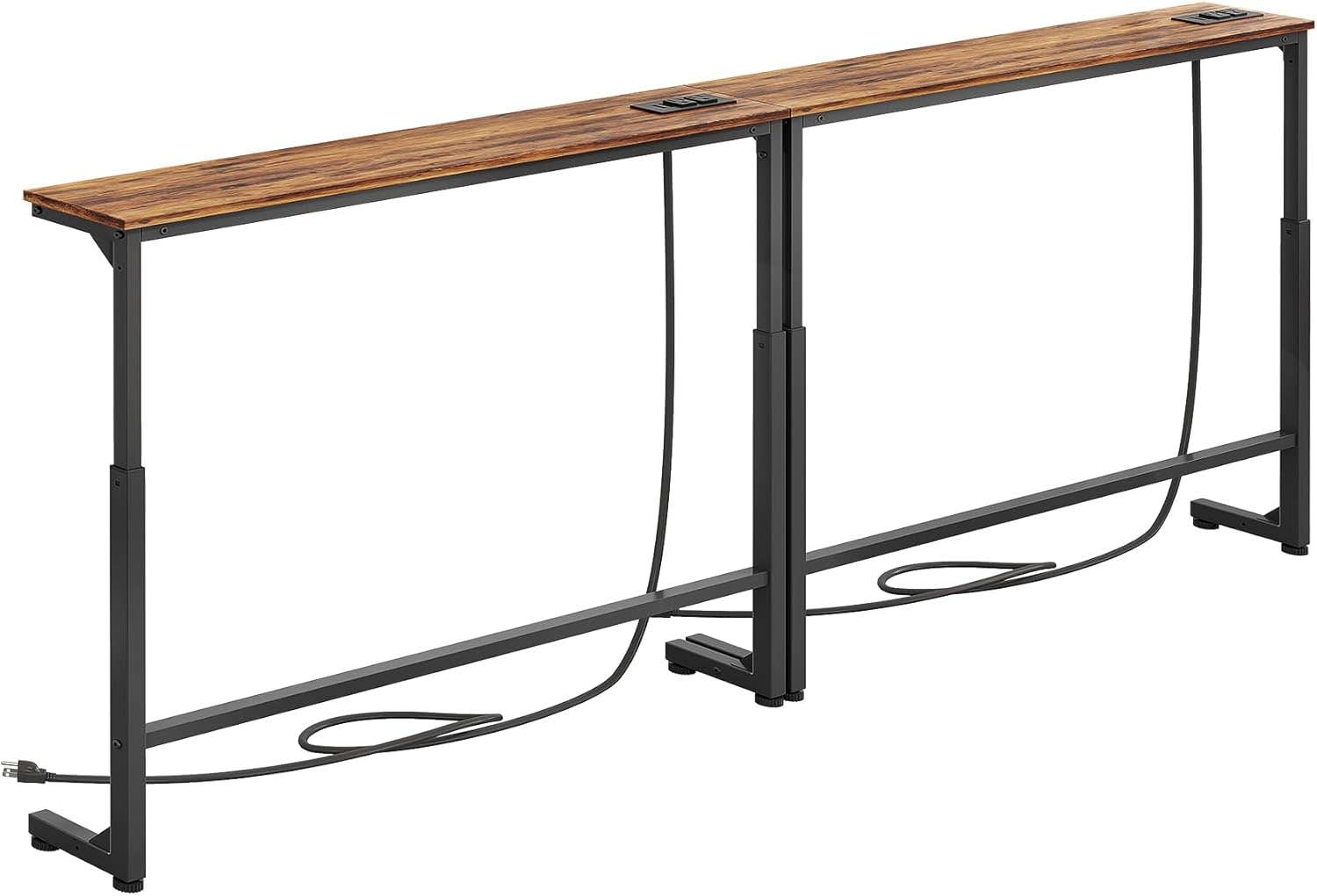 Kitstorack - Set of 2 narrow console tables with adjustable height (25-33 inches) and 2 outlets, slim behind sofa table, 79"L x 5.9"W for