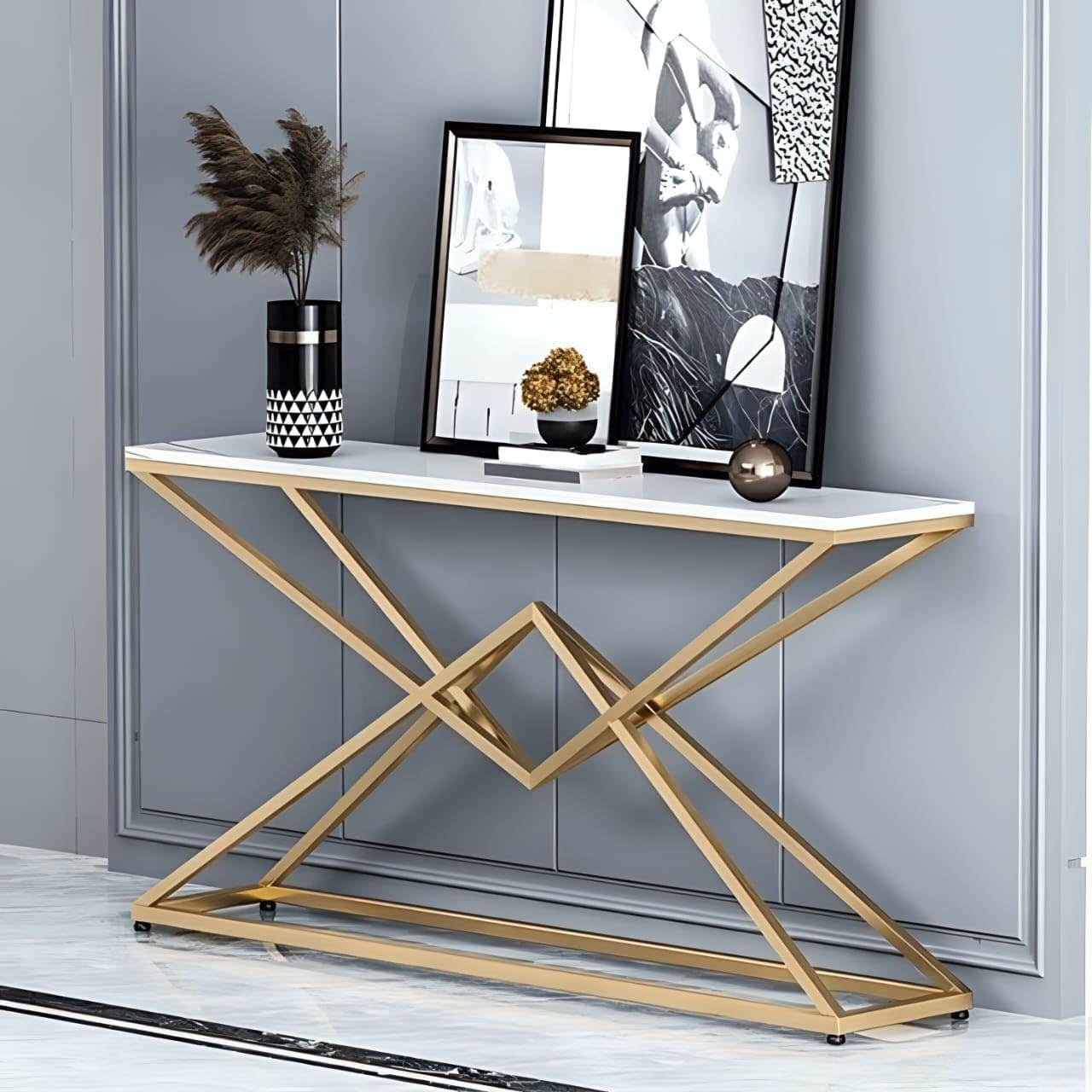 M0246 Steel Frame Console Table, 40 cm Length x 120 cm Width x 90 cm Height, Gold/White