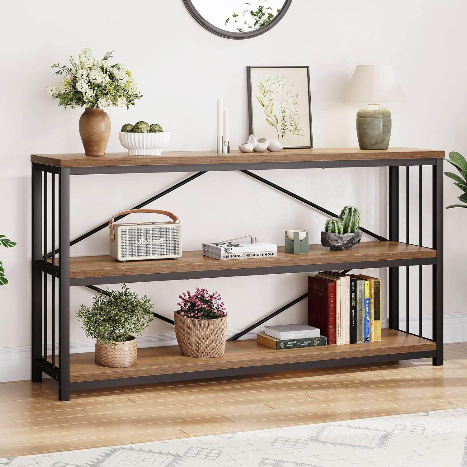 LVB Industrial Console Sofa Table, Wood Metal Foyer Hallway Tables for Entryway, Wide Front Rustic Entry Way Table with Modern 3 Tier Long Open Storage Shelf for Home Living Room, Rustic Oak, 55 Inch