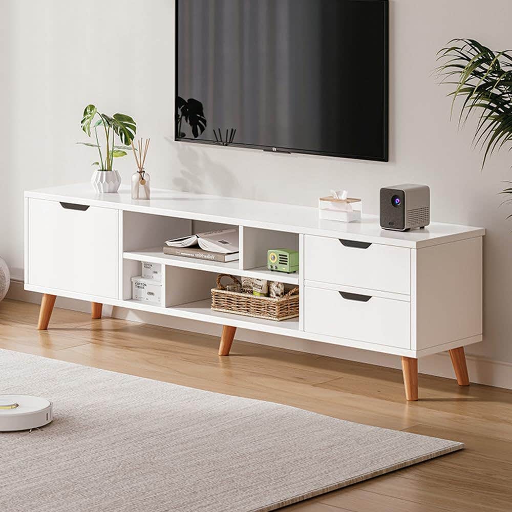 Modern White TV Stand with 3 Drawers, 4 Shelves | Large Entertainment Center