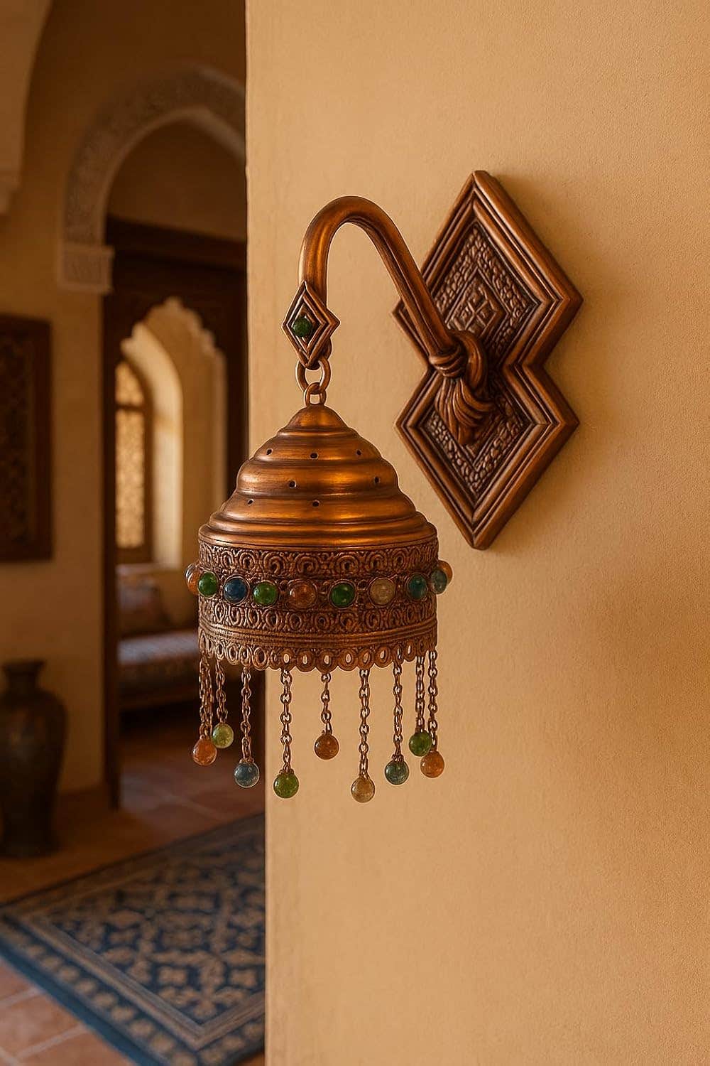 Mushkah Lighting Oriental Brass Wall Lamp with Handmade Motifs and Colorful Beads__