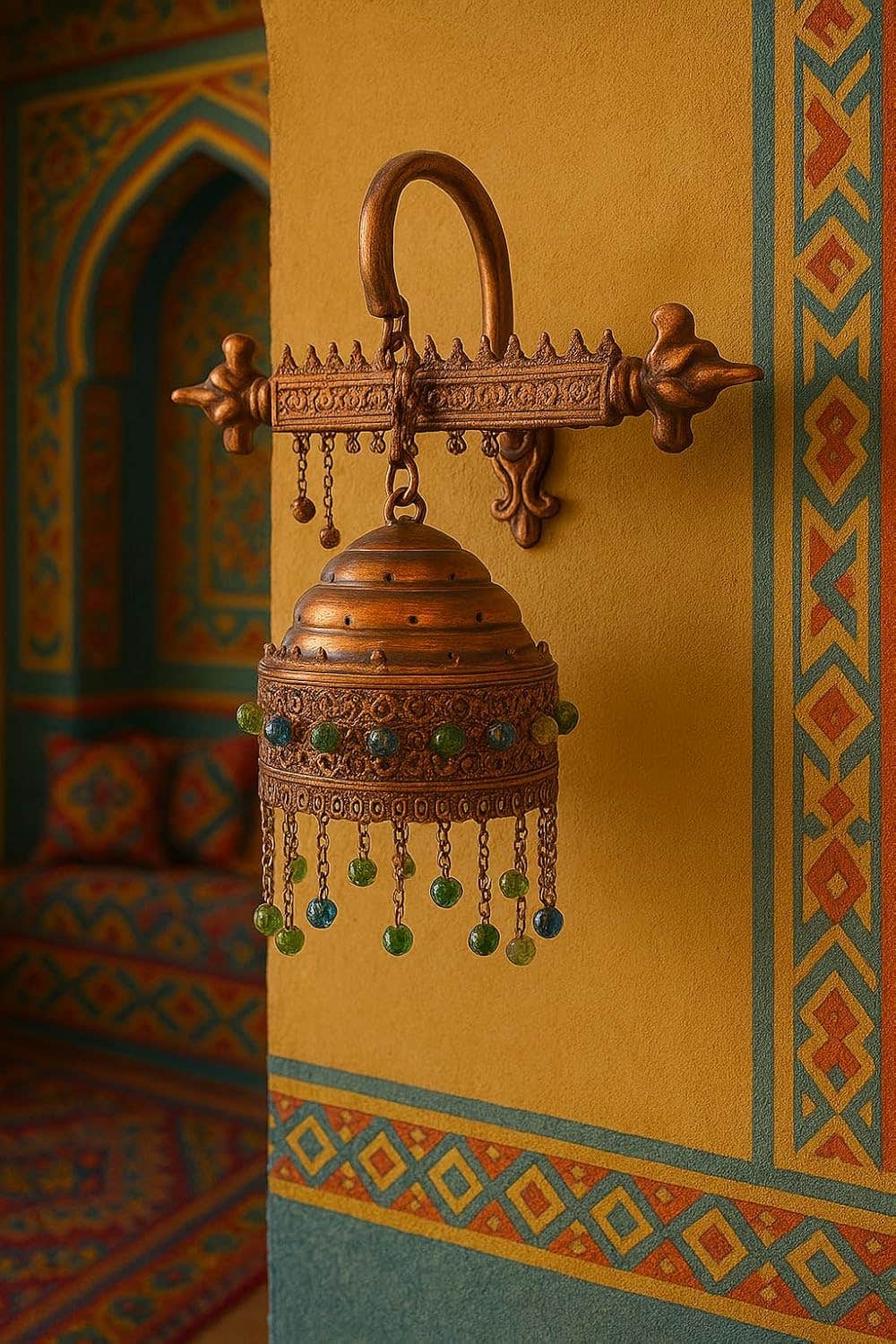 Mushkah Lighting Oriental Copper Wall Hanging Lamp with Handmade Motifs and Colorful Beads__