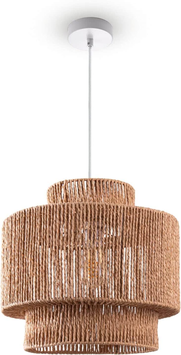 Paco Home Pendant Lamp Dining Table Paper Boho Pendant Lamp Dining Room Lamp E27 Rattan, Color:Nature (Ø40cm), Lamp Type__Color:Pendant Lamp - White