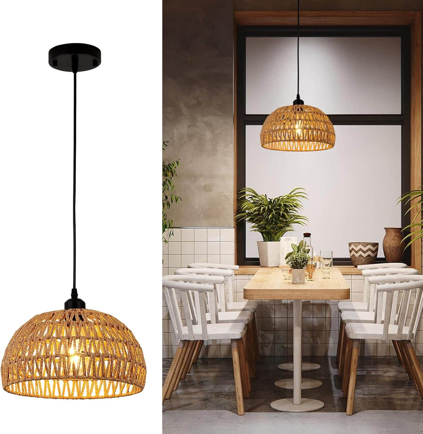 PINDODO Rattan Pendant Light - Adjustable Woven Chandelier for Farmhouse Kitchen & Living Room