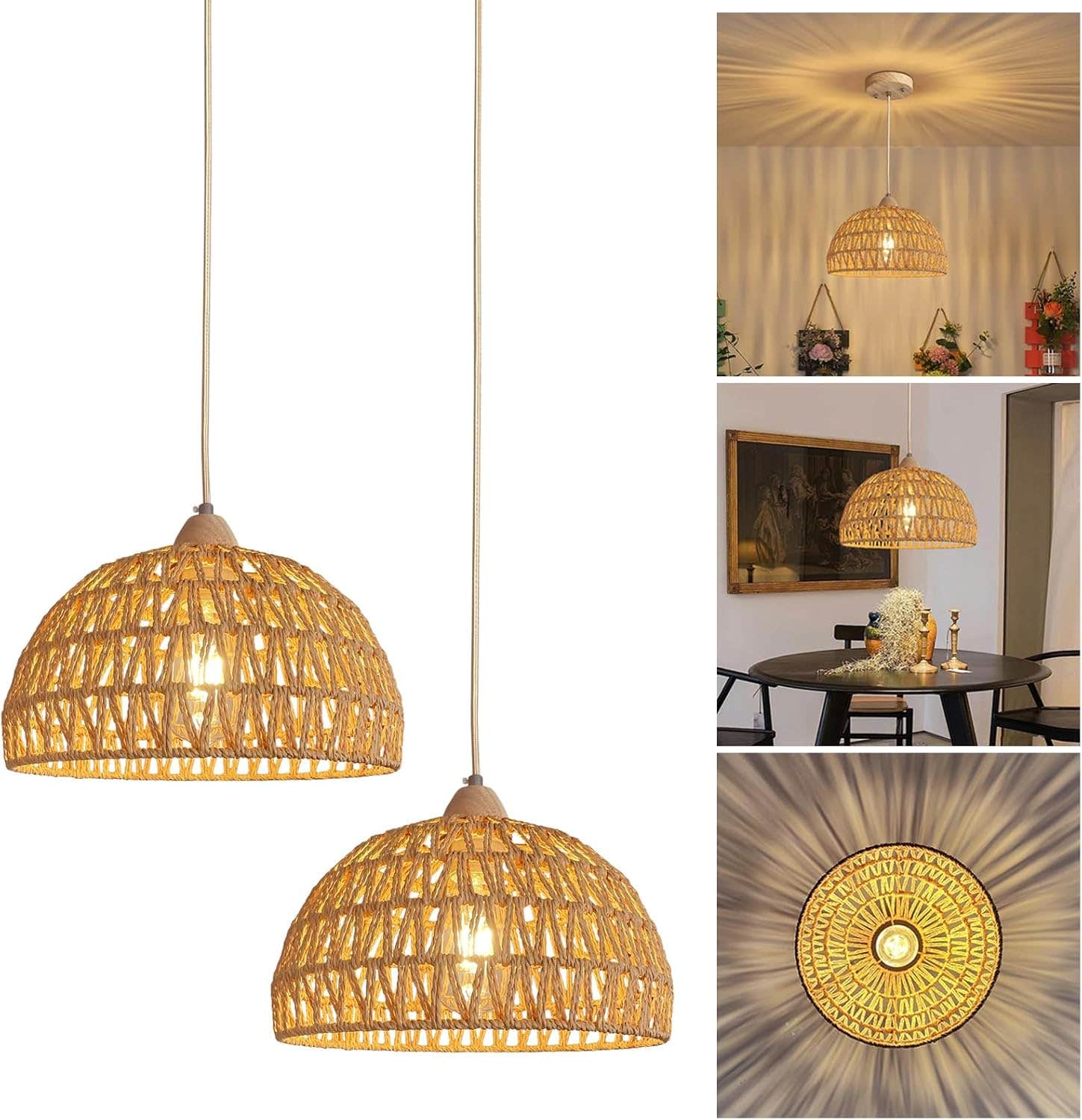 Boho Rattan Pendant Light - Vintage Rustic Chandelier