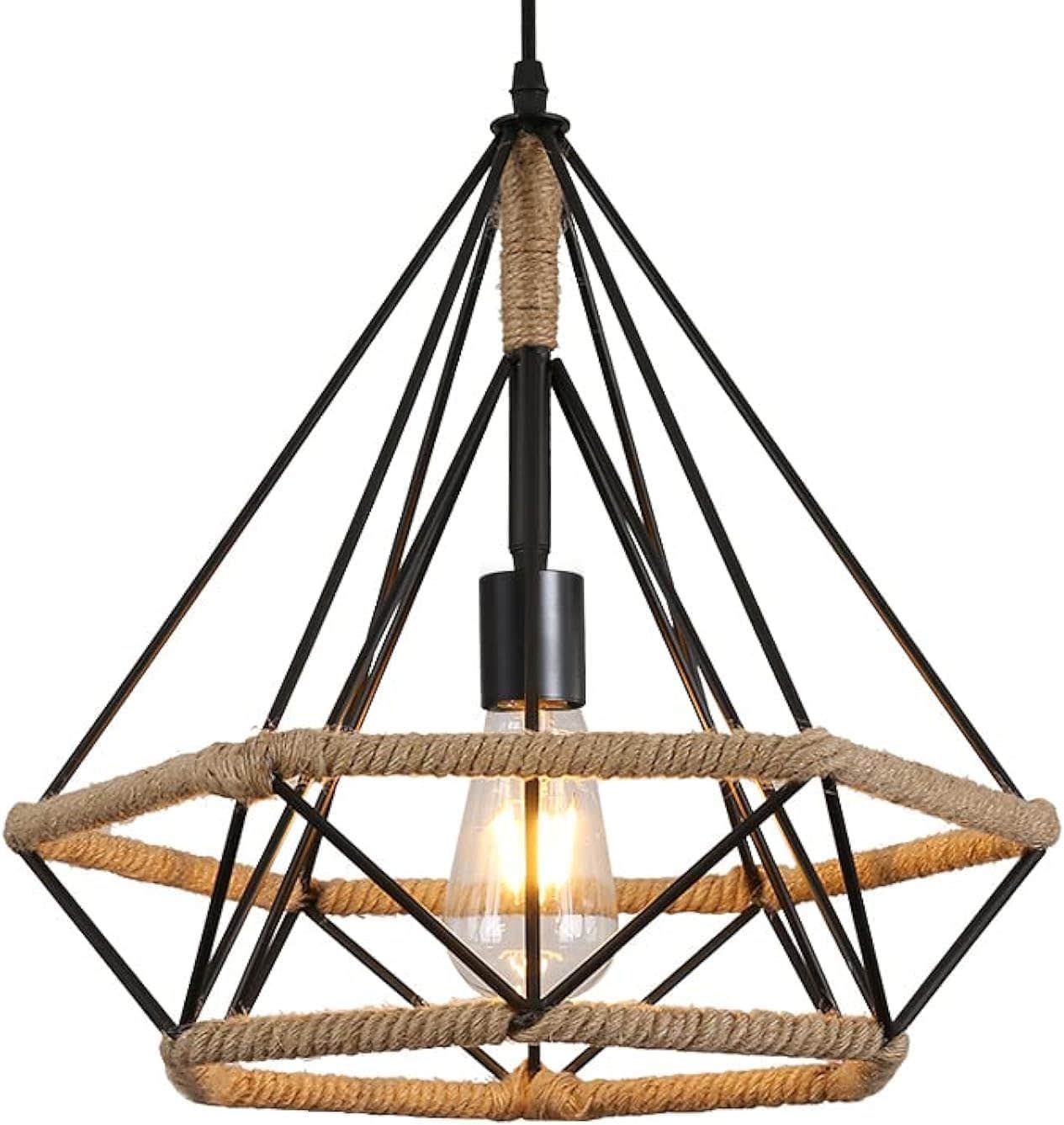 Riserva Vintage Industrial Pendant Ceiling Lamp, Iron & Hemp Rope, E27, Black