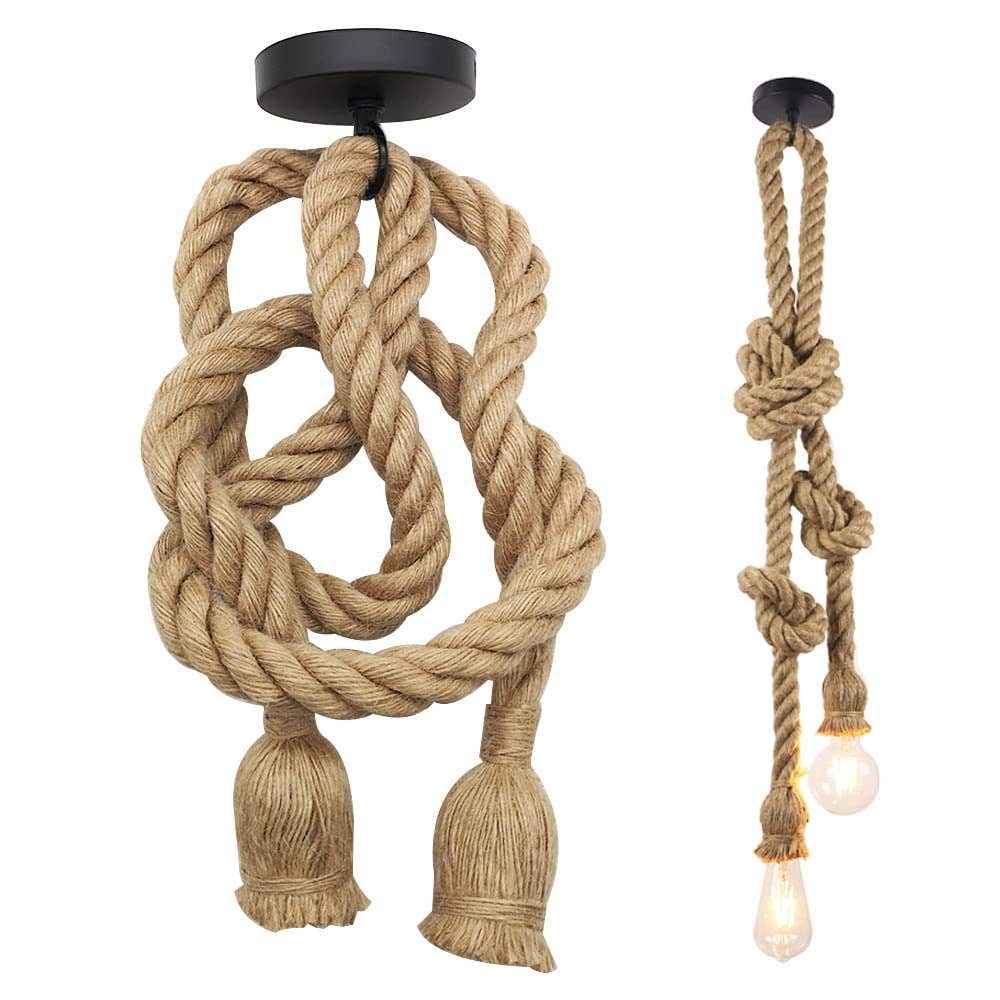 Vintage Industrial Hemp Rope Chandelier | Double Head E27 | 40W | Retro Style