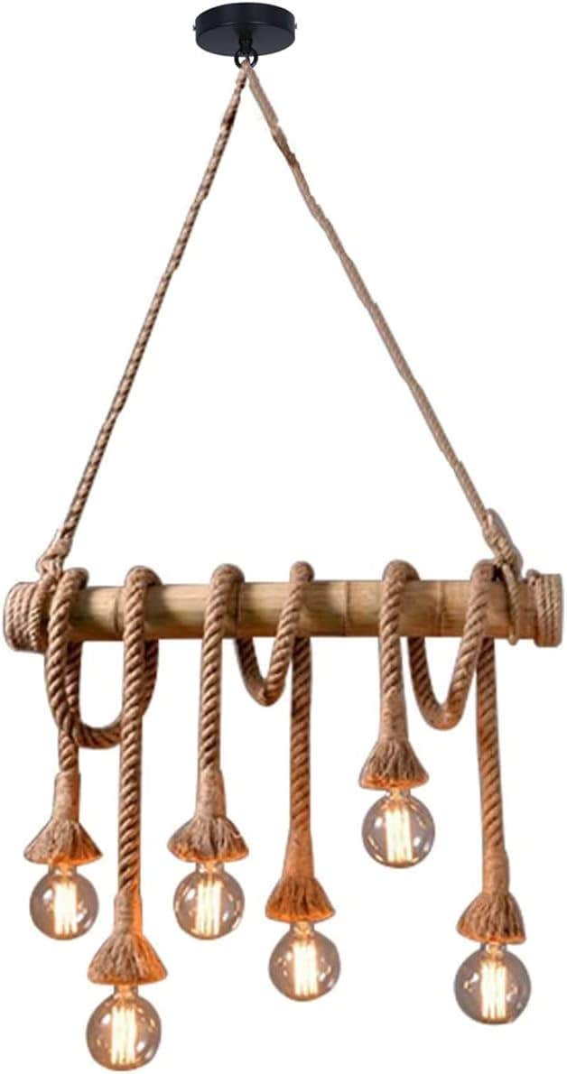 Retro Bamboo Hemp Rope Pendant Light - 6 Lights, Yellow