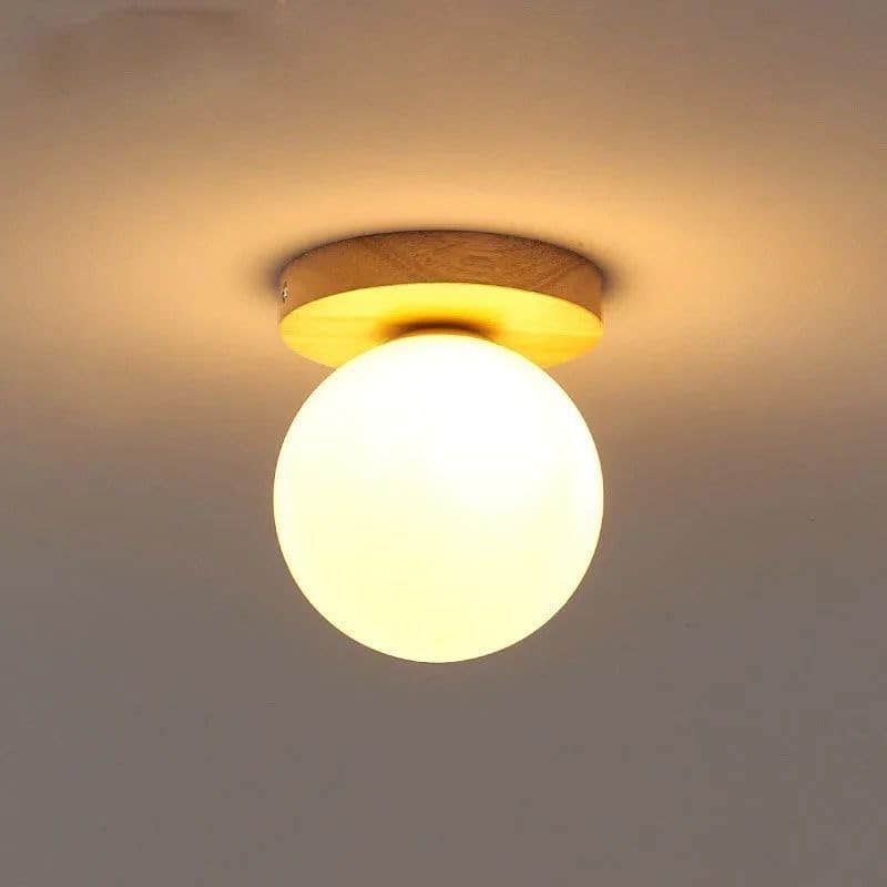 Modern Wood Base Ceiling Lamp with Frosted Glass Ball - Beige x White - 15cm