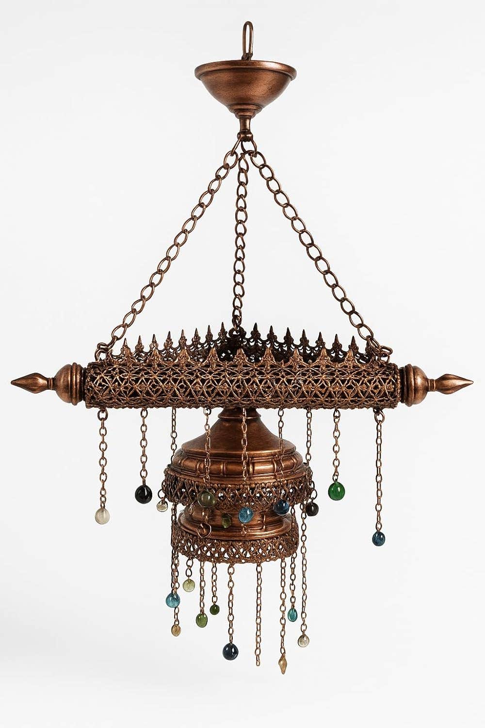 Meshkah Lighting Copper Triangle Chandelier with Colorful Crystal Pendants - Authentic Arabic Style