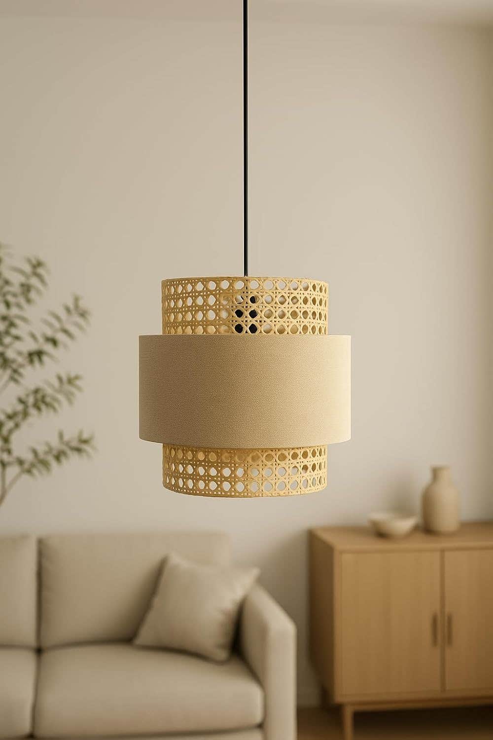 Modern Beige Fabric Wicker Pendant Lamp by Mishkah Lighting - Chandelier Style