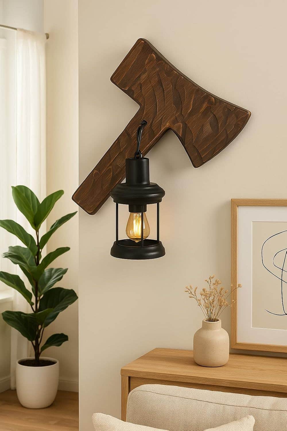 Rustic Wooden Wall Axe Lantern Fixture - Hand-Carved Decor