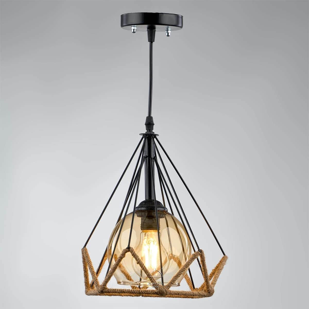 Modern Black Diamond Pendant Light Fixture with Rope Suspension - Generic Metal Ceiling Lighting