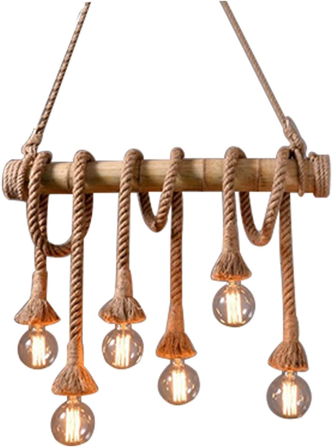 ZTTECH Industrial Retro Bamboo Hemp Rope Pendant Lamp - 6-Light