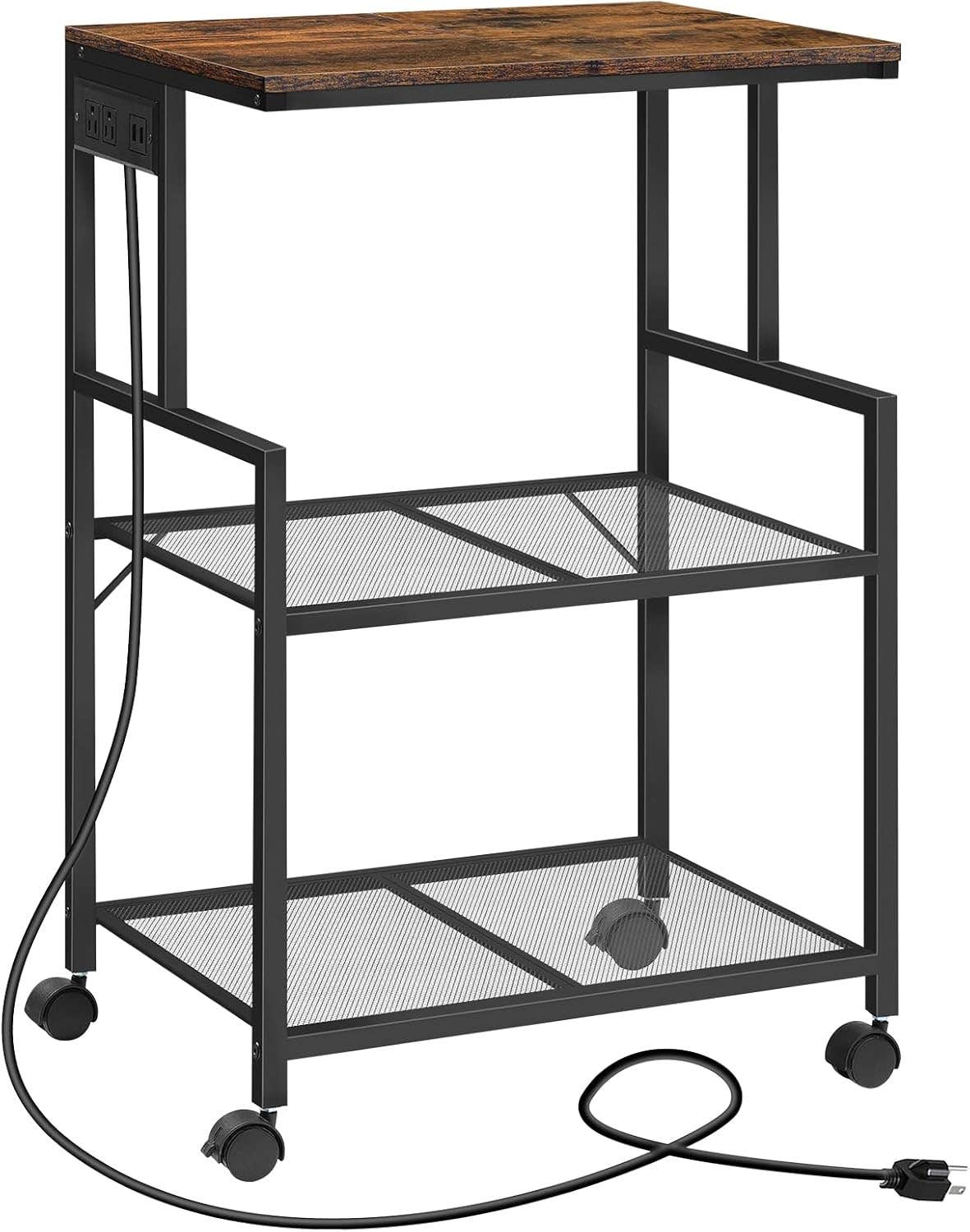 MAHANCRIS 3-Tier Rustic Brown Printer Stand with Power Outlets, USB Ports & Wheels
